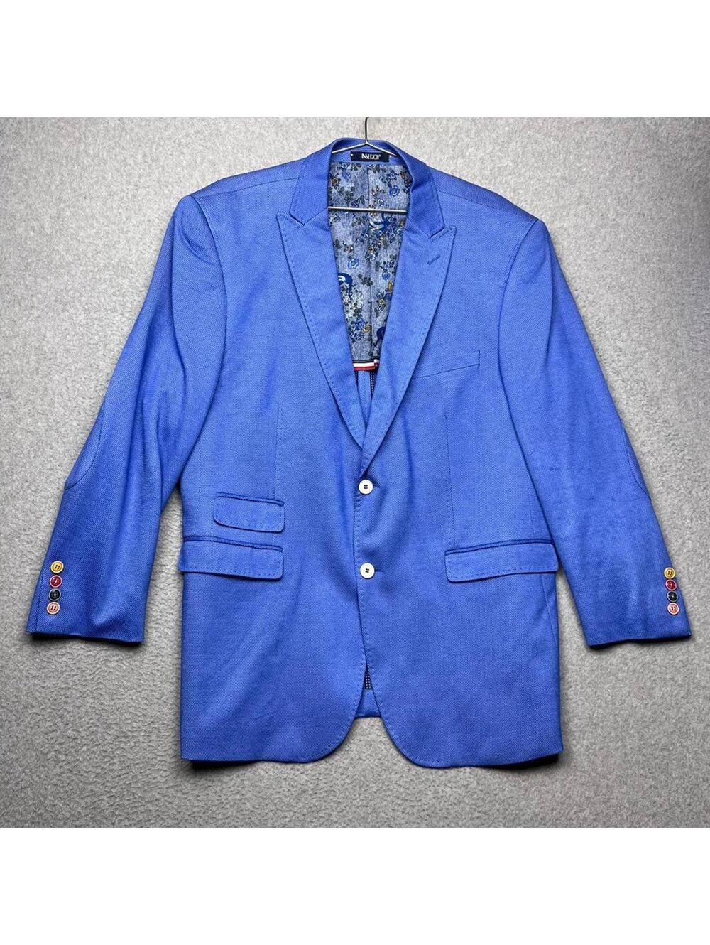 INSERCH Mens Blue Unstructured Blazer Sport Coat L Rainbow Unique Elbow Patch
